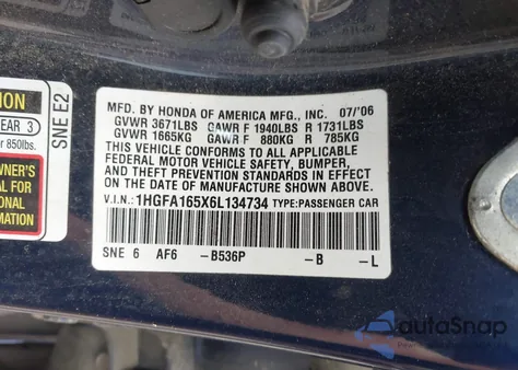 2006 Honda Civic Lx из США, поврежденный, VIN 1HGFA165X6L134734